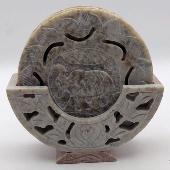 Natural Marble Elephant Cut-Out 6 Round Drink Coaster Set With Matching Holder - Picture 1 of 9